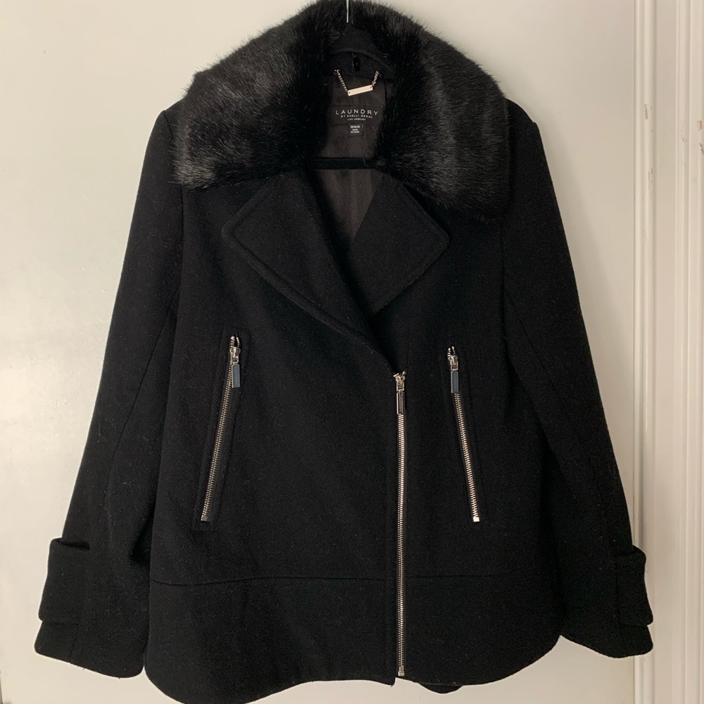 Laundry by Shelli Segal Black Wool Coat with removable  faux fur collar